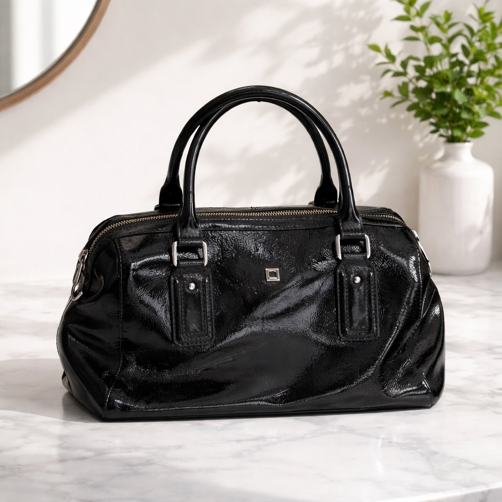 Lodis black patent leather satchel